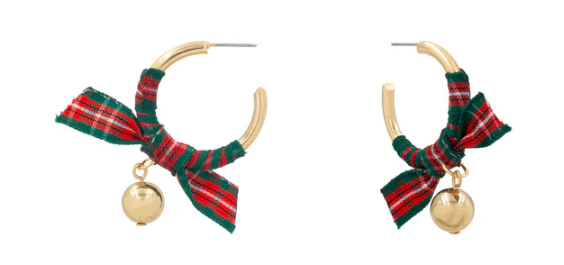 Plaid Ribbon Wrapped Ball Drop Hoop Earring