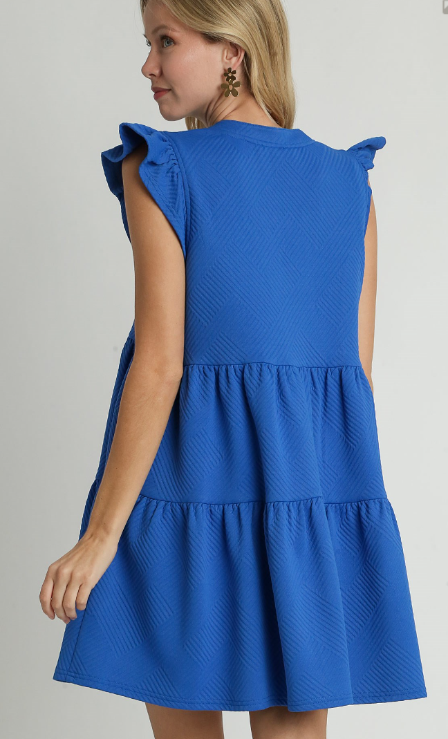Solid Textured Split Neck Ruffle Sleeve Tiered Dress