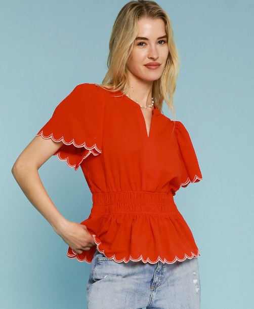 Scallop Sleeve & Hem Smocked Waist Top