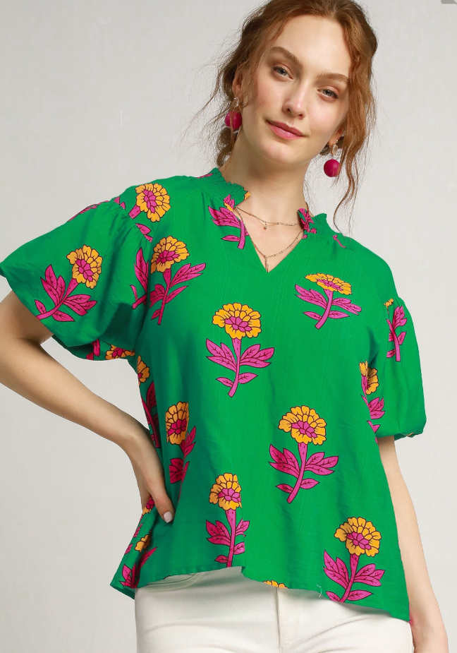 Large Spaced Floral V-Neck Balloon Sleeve Top-Green