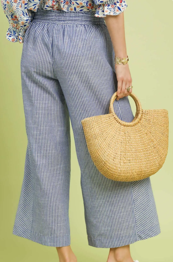 Linen Pinstripe Wide Leg Crop Pant-Blue