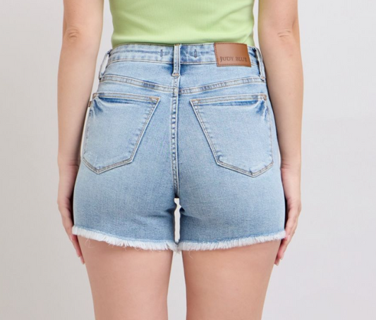 High Waist Tummy Control Fray Hem Denim Short-Light