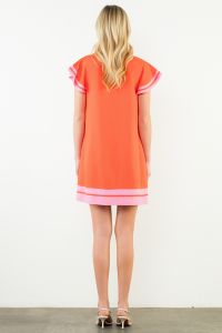 Solid Color Block Trim Flutter Sleeve Dress-Orange