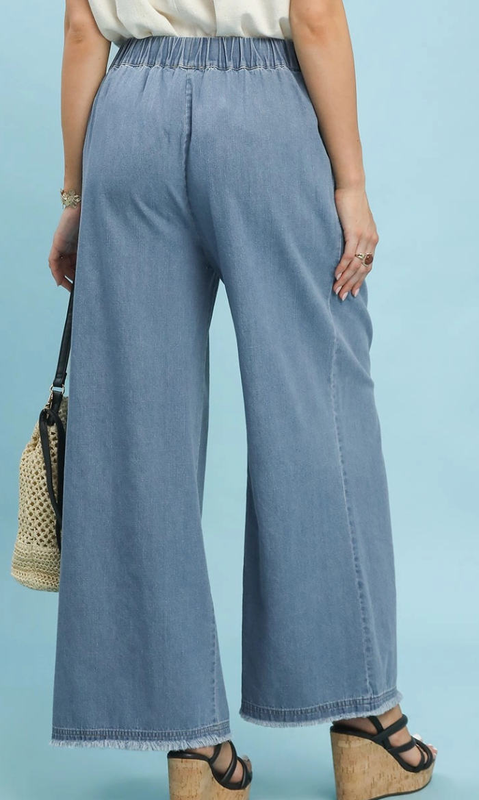 Stone Washed Pleat Front Wide Leg Pant-Light Denim
