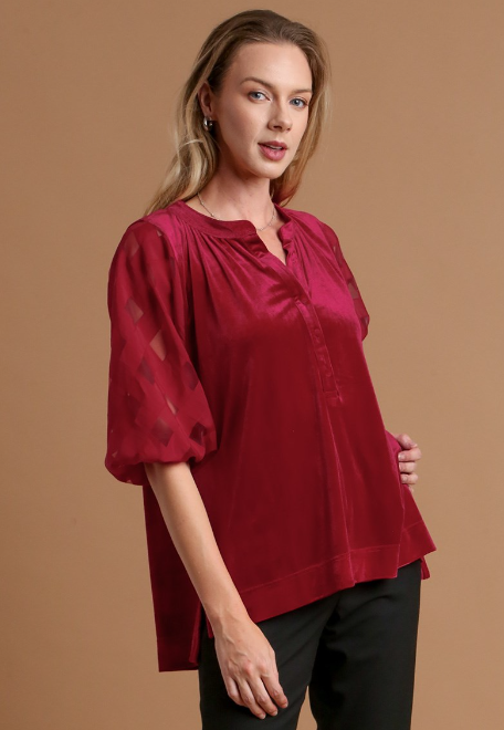 Velvet Top W/ Lattice Sheer Sleeve- Crimson