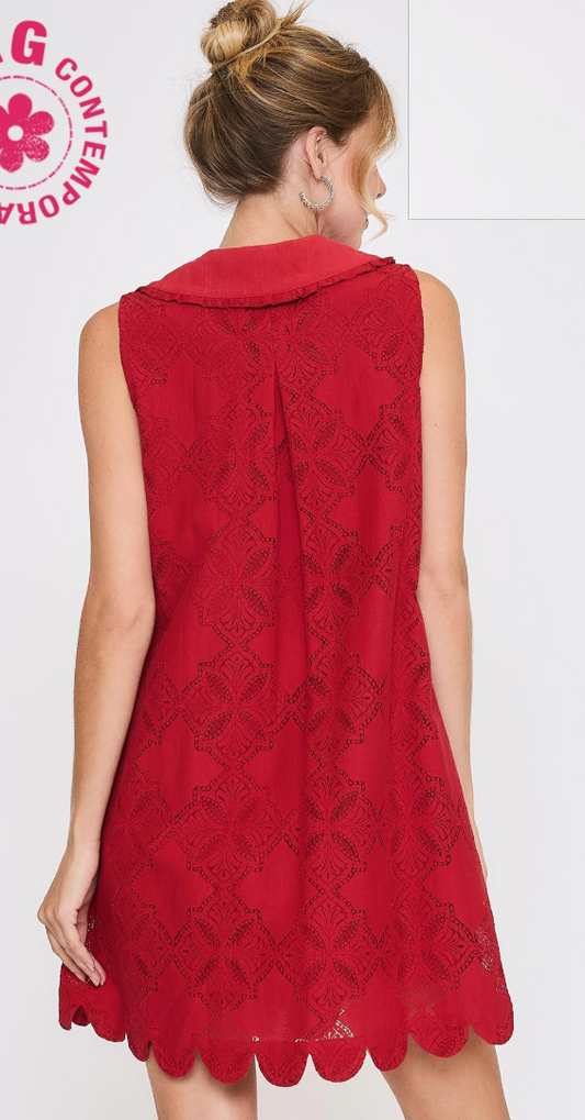Sleeveless Lace Tie Peter Pan Collar Dress-Red