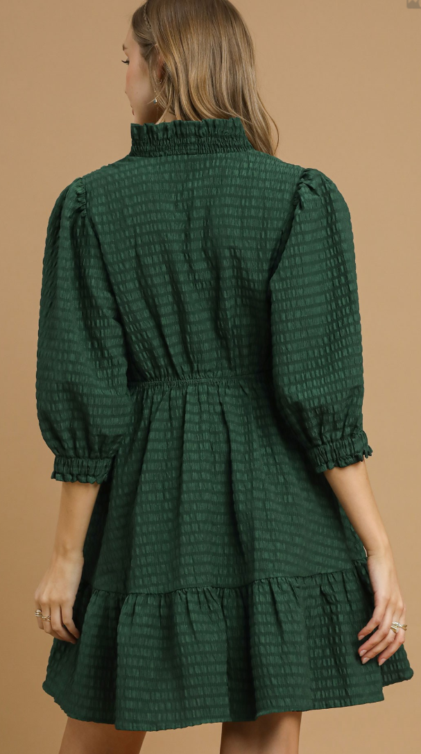 Solid Textured Ruffle Trim 3/4 Sleeve Dress-Palm Green