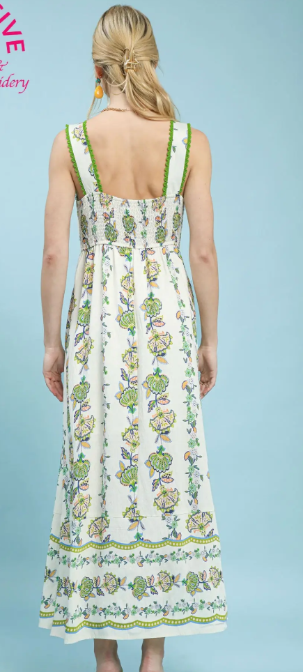 Vertical Floral Wide Strap Midi Dress-Green