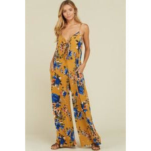 Floral Tie Front Jumpsuit-Mustard