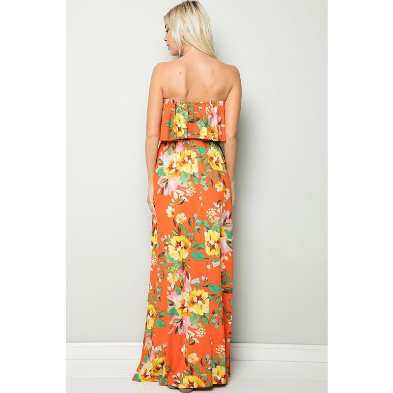 Floral Strapless Ruffle Maxi Dress