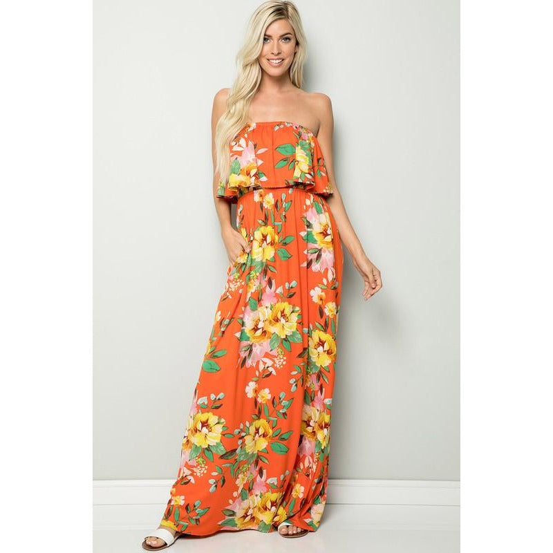 Floral Strapless Ruffle Maxi Dress