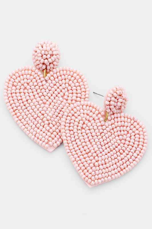 Post Seed Bead Heart Drop Earrings