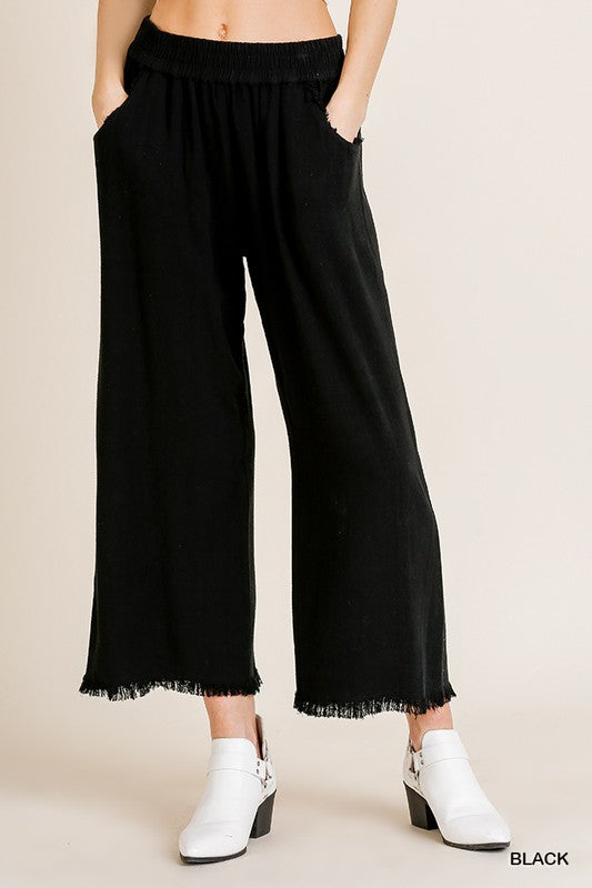 Solid Wide Leg Fray Hem Pant