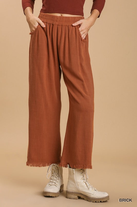 Solid Wide Leg Fray Hem Pant