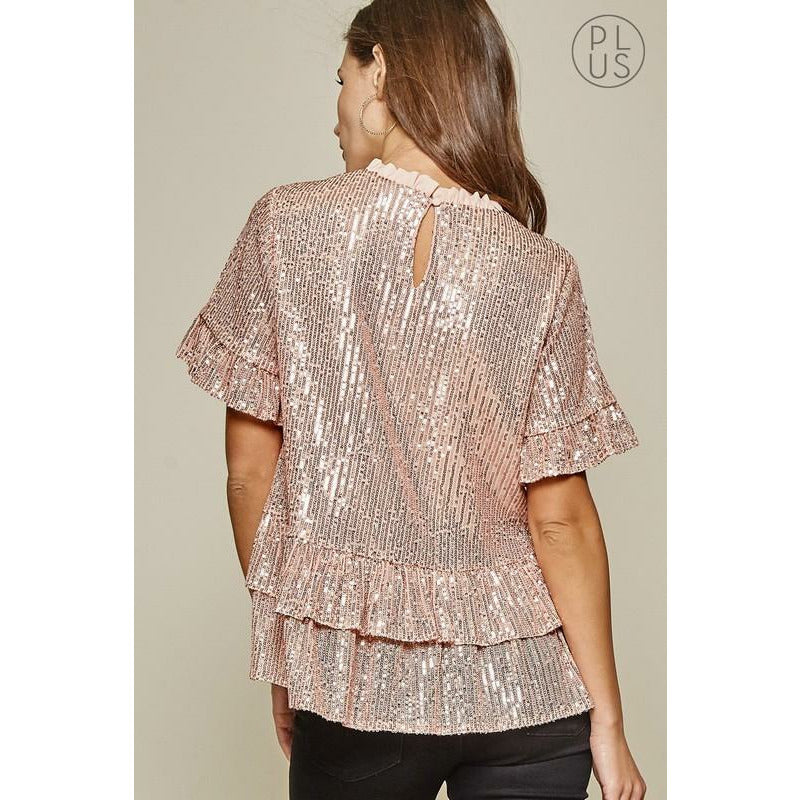 Sequin Tiered Mock Ruffle Neck Top-Rose