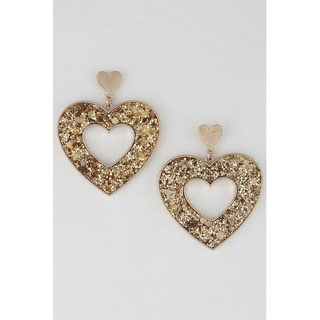 Glitter Cut Out Heart Drop Earring-Gold