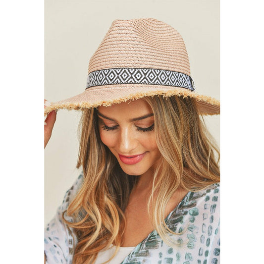 Frayed Brim Aztec Banded Straw Hat