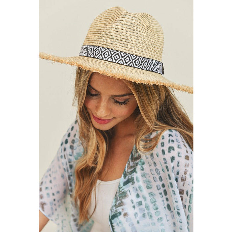 Frayed Brim Aztec Banded Straw Hat