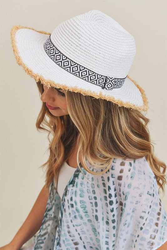 Frayed Brim Aztec Banded Straw Hat