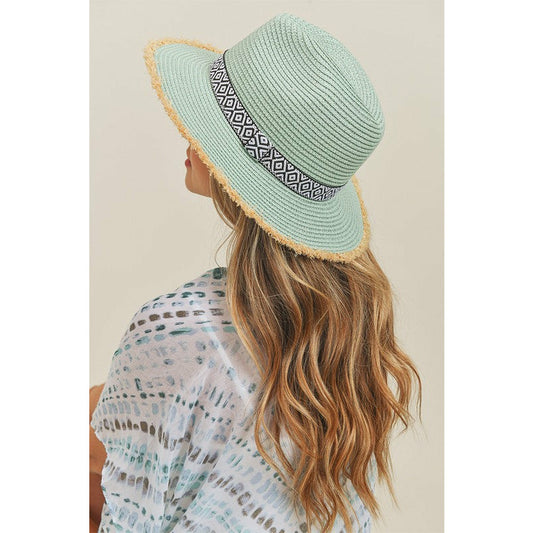 Frayed Brim Aztec Banded Straw Hat