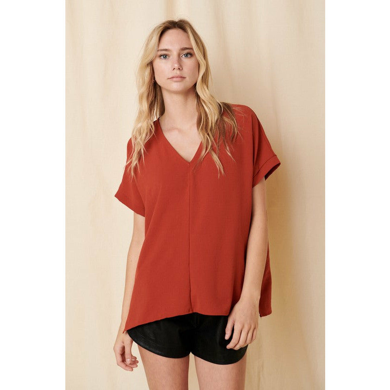 Solid V-Neck Dolman Sleeve Woven Top