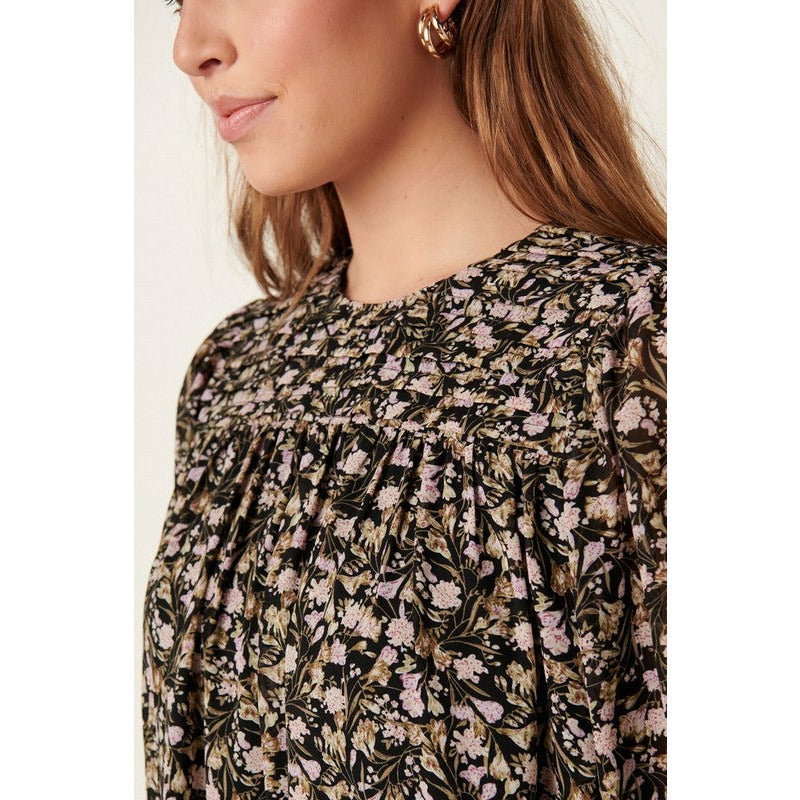 Floral Pin Tuck Puff Long Sleeve Dress-Black