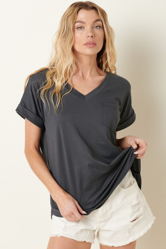 Solid V-Neck Cuffed Sleeve Pocket Top