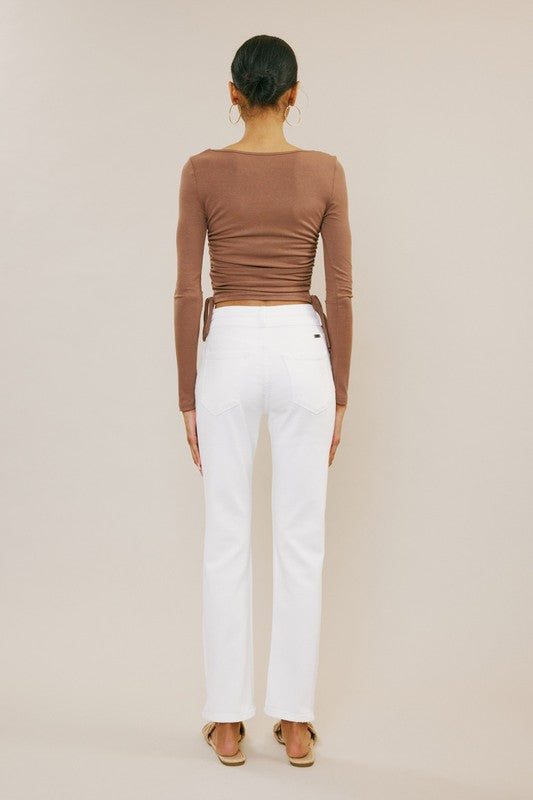 High Rise Double Button Straight Fit White Denim