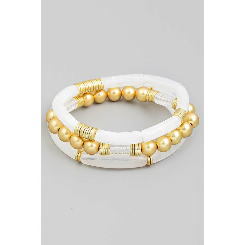 Acrylic Tube Bead & Gold Ball Bracelet Set