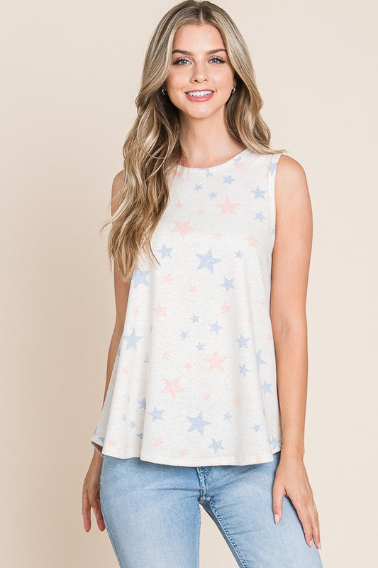 Patriotic Stars Crew Neck Swing Tank Top-Oat