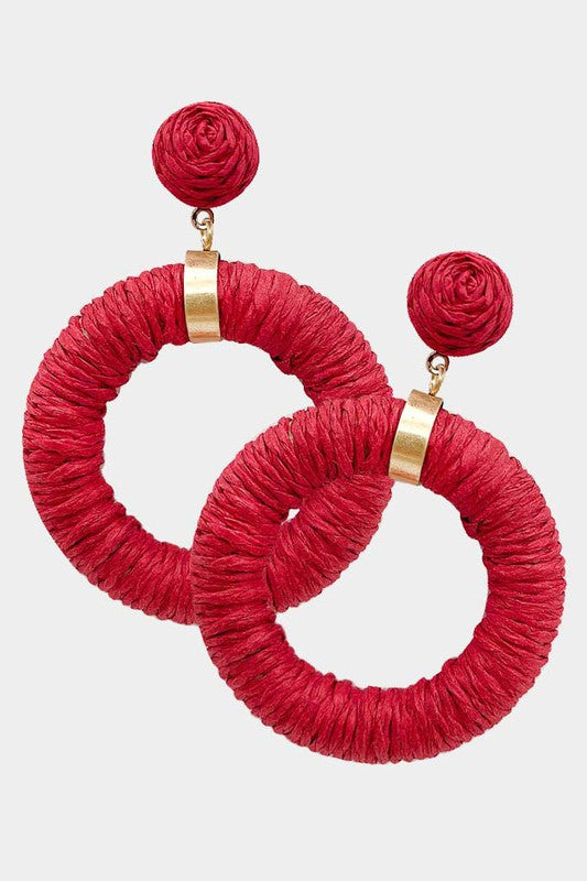 Raffia Wrapped Open Circle Dangle Earrings