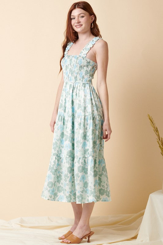 Sleeveless Floral Satin Ruffled Strap Smocked Tiered Midi Dress