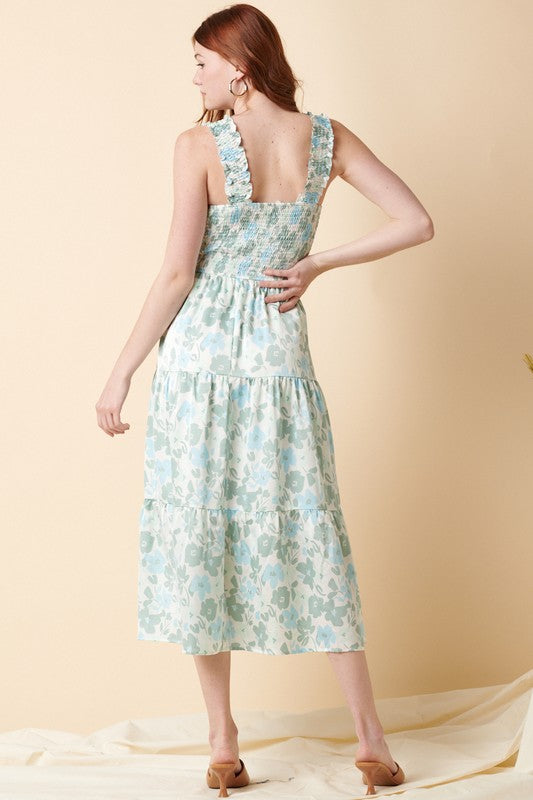 Sleeveless Floral Satin Ruffled Strap Smocked Tiered Midi Dress