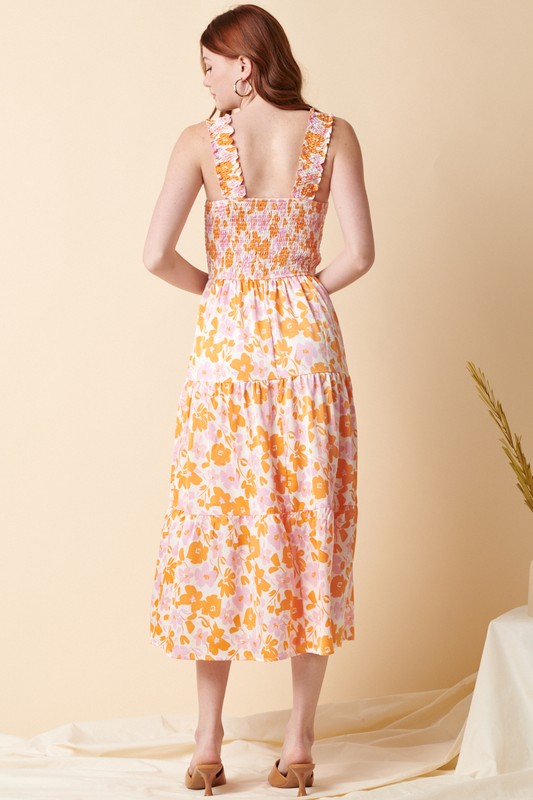 Sleeveless Floral Satin Ruffled Strap Smocked Tiered Midi Dress