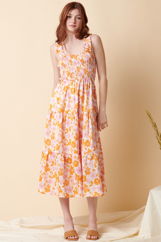 Sleeveless Floral Satin Ruffled Strap Smocked Tiered Midi Dress