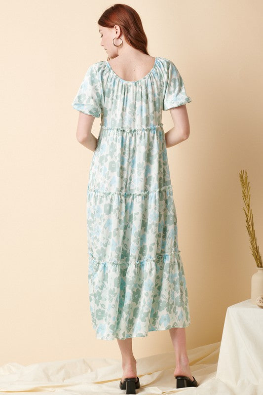 Satin Floral Tiered Puff Sleeve Maxi Dress