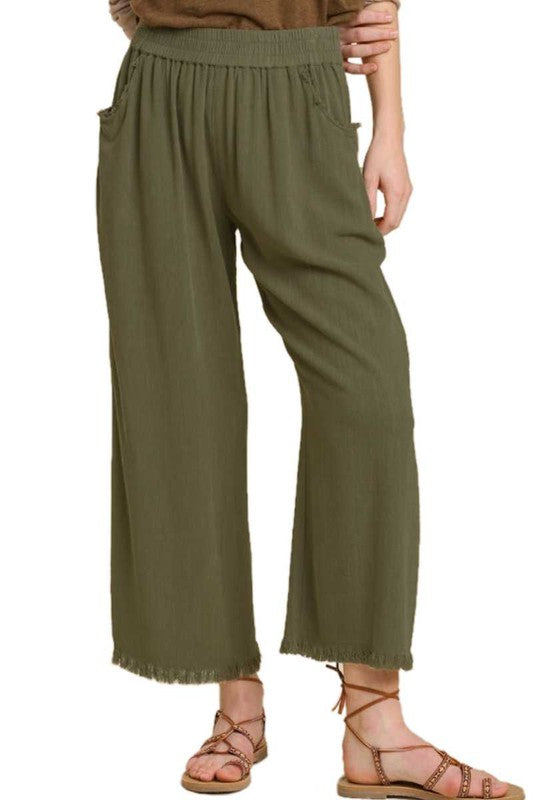 Solid Wide Leg Fray Hem Pant