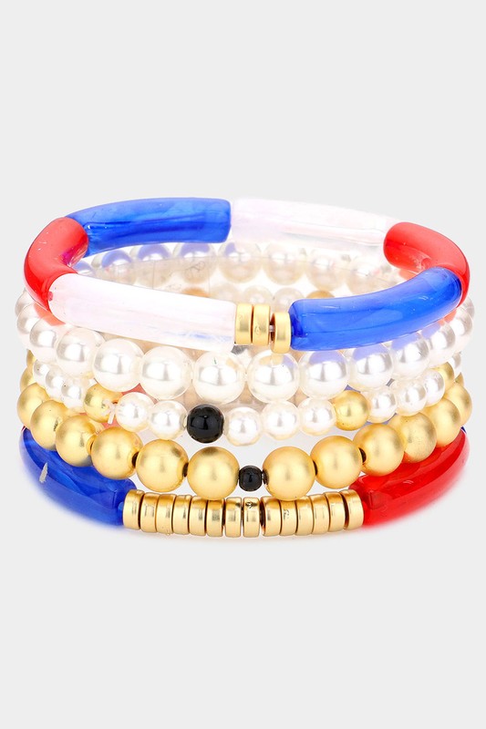 Multi Beaded & Pearl Stretch Bracelet Set-RWB