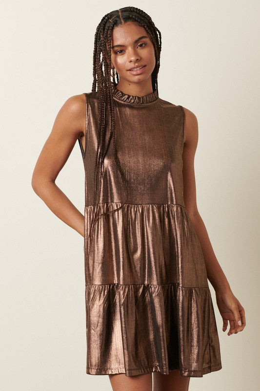 Metallic Shimmer Frill Neck Tiered Dress