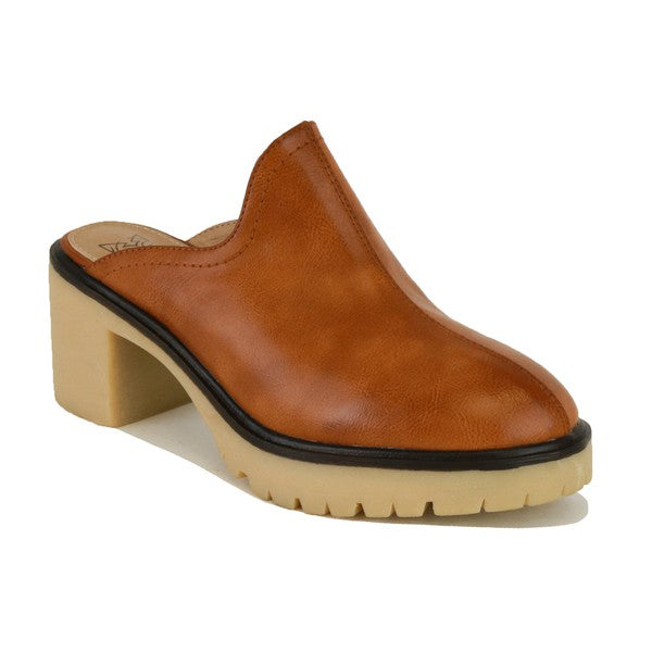Chunky Rubber Heel Slip On Mules -Cognac