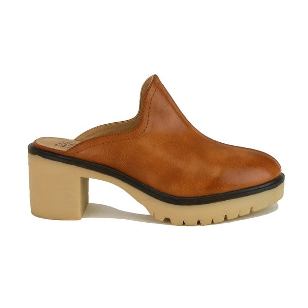 Chunky Rubber Heel Slip On Mules -Cognac