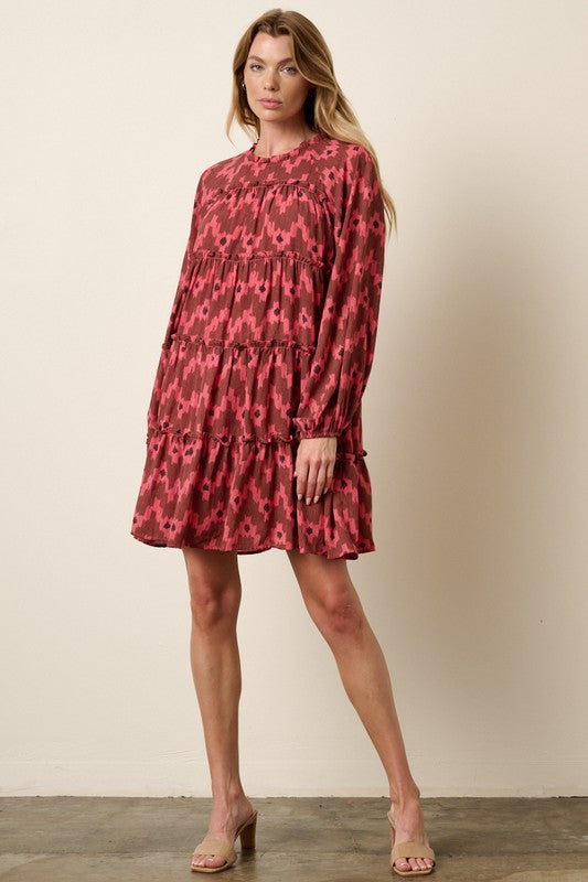 I-Kat Balloon Long Sleeve Tiered Dress-Magenta