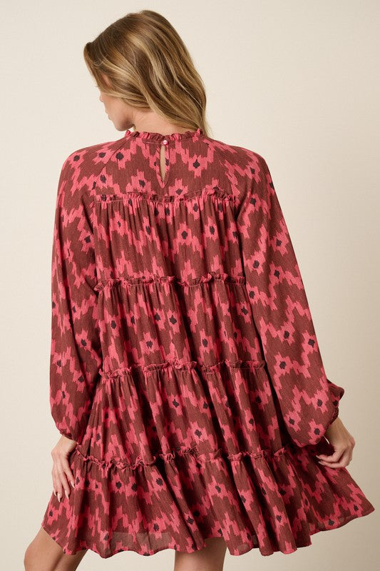I-Kat Balloon Long Sleeve Tiered Dress-Magenta