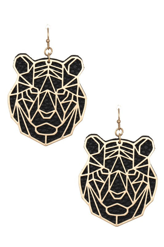 Lion Leatherette Metal Cut Out Earring-Black