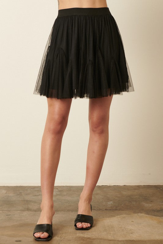 Flounce Hem Tulle Skirt-Black