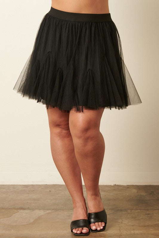 Flounce Hem Tulle Skirt-Black