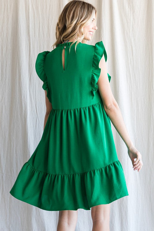 Solid Frill Neck Ruffle Detail Sleeve Dress