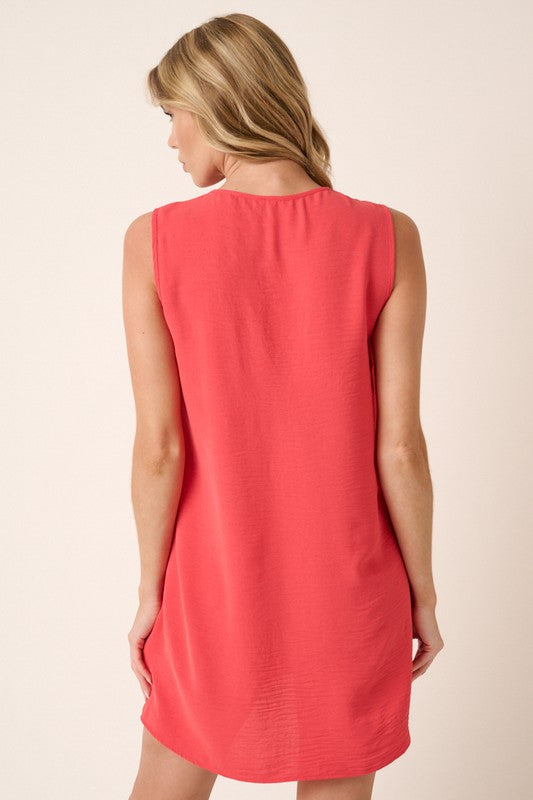 Solid Sleeveless V-Neck Front Pleat Dress