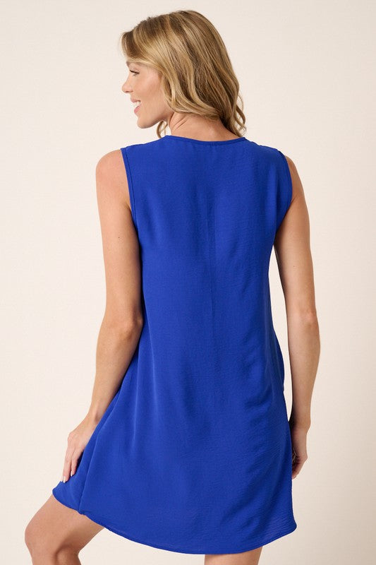 Solid Sleeveless V-Neck Front Pleat Dress