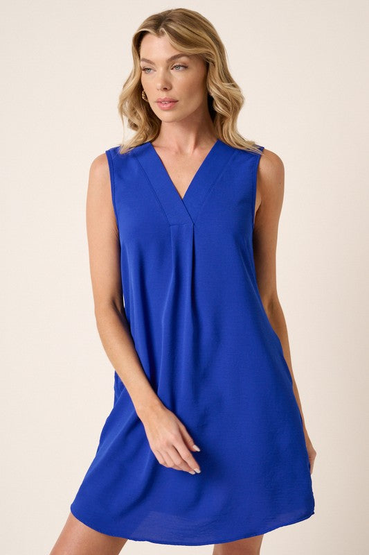 Solid Sleeveless V-Neck Front Pleat Dress